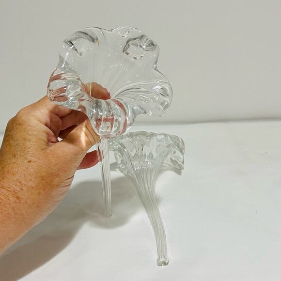 Clear Art Glass Flower Two Handmade Blown Large Textured Shapely Floral Stems - Picture 7 of 10